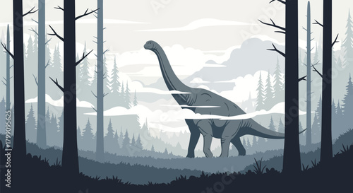 Majestic dinosaur wanders through a misty, ancient forest landscape, evoking prehistoric wonder and adventure, perfect for educational or creative projects