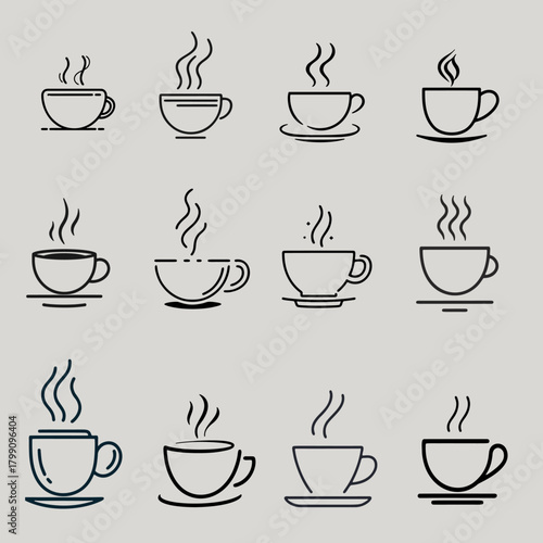 line art coffee cup icons set vector illustration, elegant line art coffee cup collection for branding, modern line art coffee cup design for café and lifestyle projects