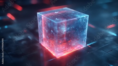 Abstract transparent cube with neon light and futuristic design