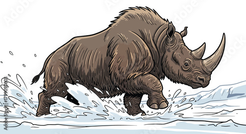Majestic woolly rhino charging through icy waters, a powerful animal illustration for prehistoric themes or wildlife conservation efforts