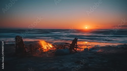 Beach bonfire scene at sunset with chairs and ocean view