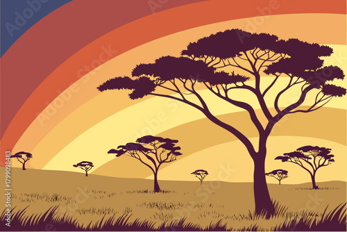 Golden savannah plains with scattered acacia trees, heat-wave effect using layered opacity, bold sunset gradient sky