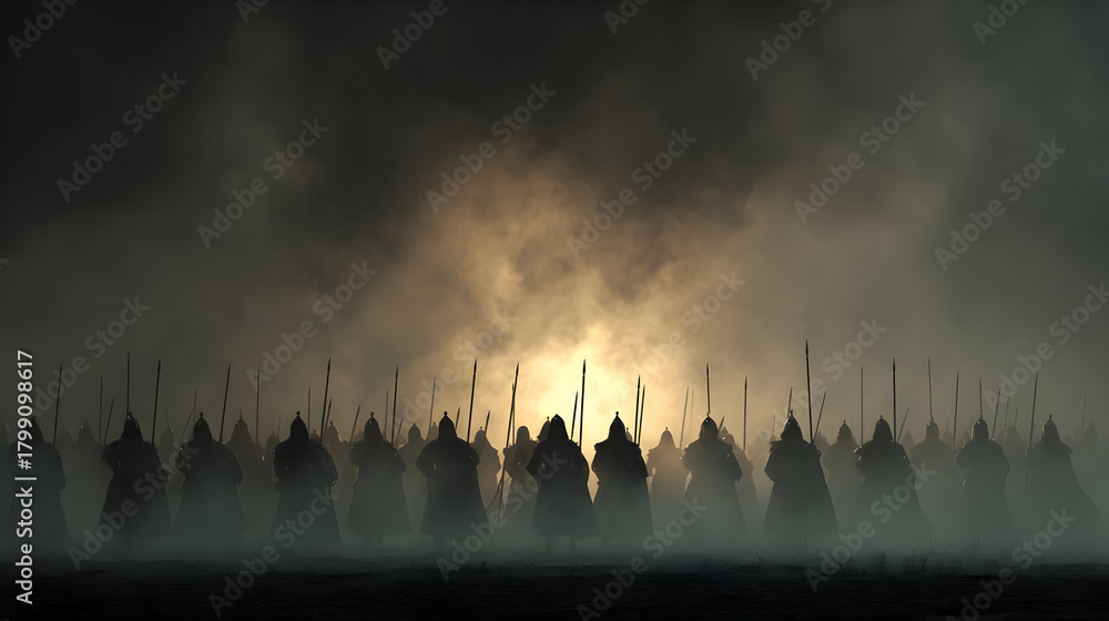 Fototapeta premium Mysterious medieval battlefield with silhouetted phalanx warriors at dusk