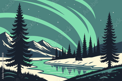 Nordic-style snowy valley with pine silhouettes, frozen lake reflections, aurora arcs overhead, crisp vector lines