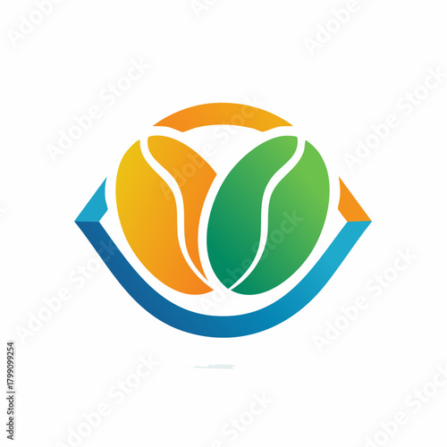 Abstract coffee bean emblem with vibrant colors and geometric design elements