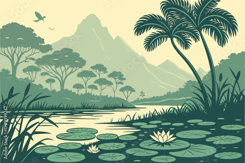Tropical lagoon with floating lily pads, misty mountains in distance, subtle reflections on water, stylized botanical outlines