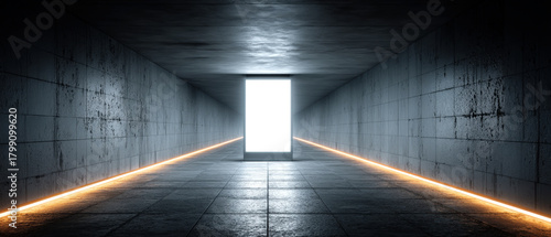 Fototapeta Naklejka Na Ścianę i Meble -  Blank glowing lightbox poster in underground pedestrian tunnel with glossy tiled walls