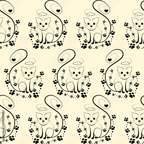 Cute cat line pattern, seamless design, minimal, earth tone background, vector.Wallpaper, print, edit, change color, gift, clothes, repeat