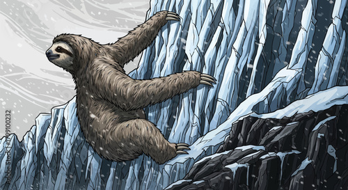 Whimsical sloth climbing icy mountain in winter storm, a funny scene of perseverance, a unique animal illustration for storybooks or adventure campaigns