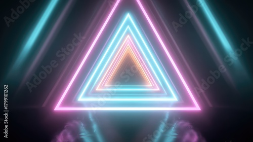 Fototapeta Naklejka Na Ścianę i Meble -  Abstract neon triangle tunnel with glowing reflections