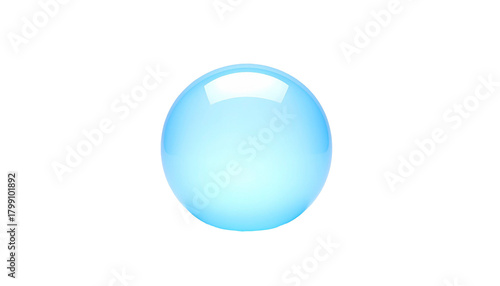 bola kaca transparan berwarna biru muda dengan efek cahaya lembut, tampak mengilap dan halus di atas permukaan terang dengan bayangan lembut di bawahnyae