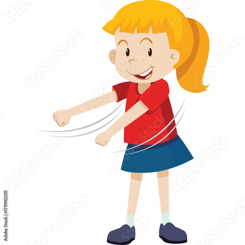 Young Girl With Blond Pigtails Wearing Red Shirt and Blue Skirt Joyfully Dancing With Arms Outstretched Isolated on White Background Cartoon Style