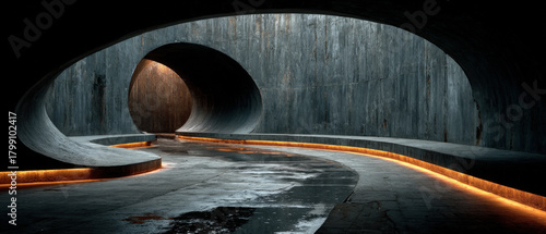 Fototapeta Naklejka Na Ścianę i Meble -  Black arched tunnel with central oval stage illuminated by warm floor lighting