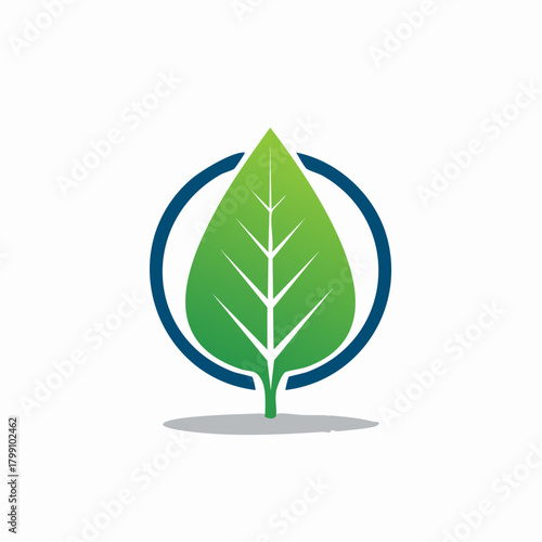 Abstract green leaf in a blue circle symbolizing growth and sustainability