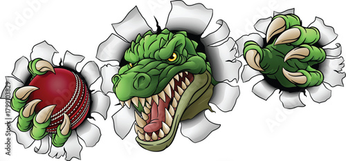 A crocodile, dinosaur or alligator lizard sports mascot holding a cricket ball