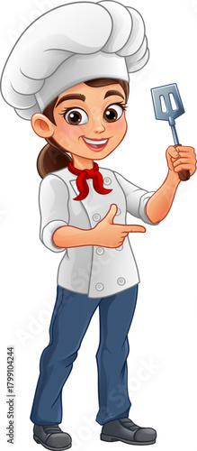 Smiling female chef character in uniform holding a spatula and pointing. Fun cooking cartoon illustration, great for restaurant ads, menus, culinary blogs, and food-related design projects.