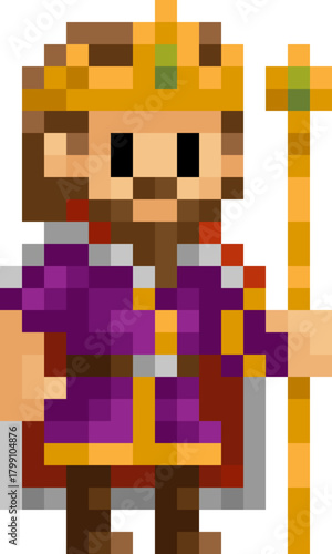 A king fantasy cartoon character in a video game sprite pixel art style. 15 squares wide by 25 high