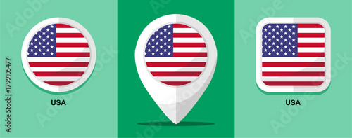 Flat Design USA Flag Map Round and square on green background