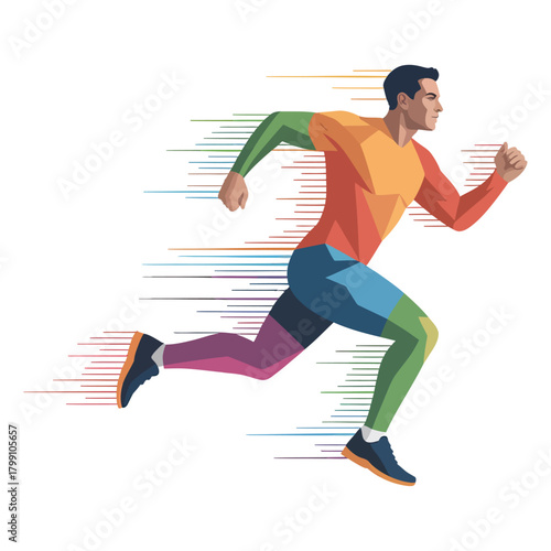 dynamic colorful runner illustration with geometric shapes and motion streaks showing fast athletic movement