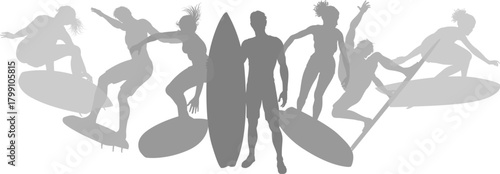 Surfer surfboard boarding male and female surfers surfing silhouette outlines. Men and women surf group design concept.