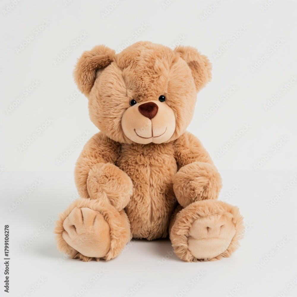Fototapeta premium Teddy bear sitting alone on plain white background, soft plush texture, product mockup style.