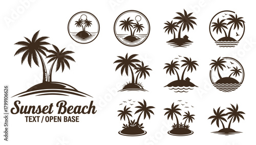 Collection of tropical island beach silhouettes featuring palm trees and sunset vibes for summer vacation designs