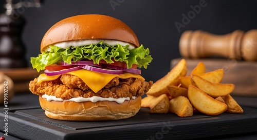 Juicy fried chicken burger with melted cheese, fresh lettuce, onions, tomatoes, and a side of crispy potato wedges, presented on a dark wooden board