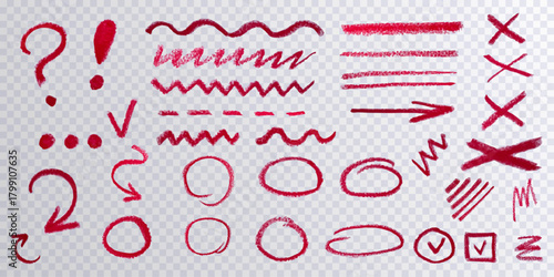 Collection of red pensil design elements: lines, arrows, strikethrough, strokes on transparent background. Group of chalked arrows and frames. Curved and wavy brush strokes. Vector illustration. 