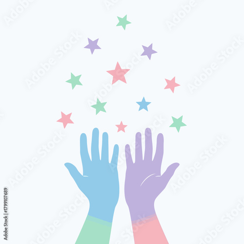Two hands reaching for colorful stars, concept for dreams, success, and aspirations.