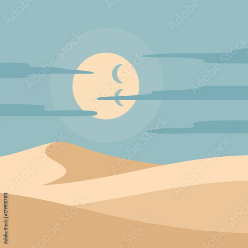 Minimalist desert landscape illustration with sand dunes, sun, and clouds in the sky.