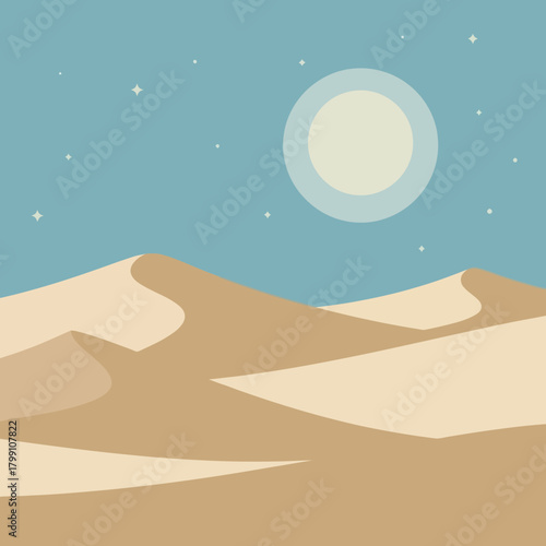 Sand dunes landscape with moon and stars at night, vector illustration design.