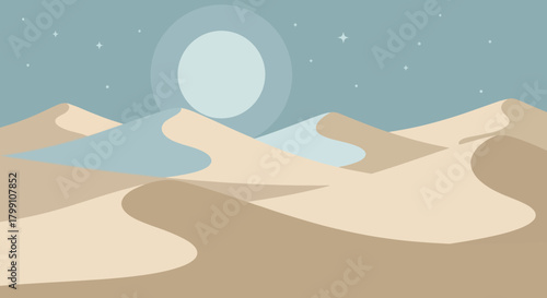Vector illustration of a desert landscape with sand dunes, stars and a full moon.