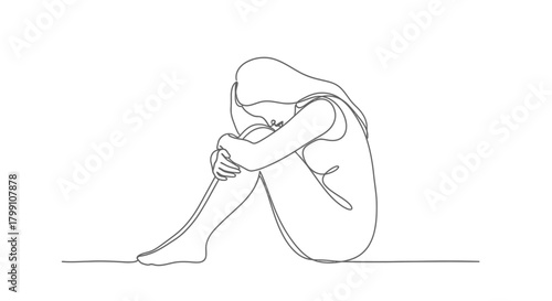 Continuous Line Art Drawing of Sad Depressed Woman – Minimalist Solitude Illustration