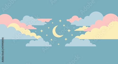 Pastel night sky with moon and stars. Dreamy and calming vector illustration.