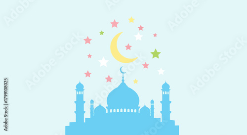 Eid mubarak vector illustration of mosque silhouette with moon and stars on blue.