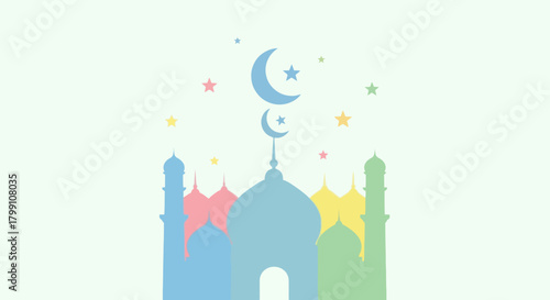 Pastel mosque with moon and stars for islamic holiday greeting card design.