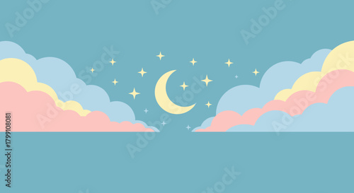 Pastel night sky with moon and stars. Dreamy celestial scene with fluffy clouds.