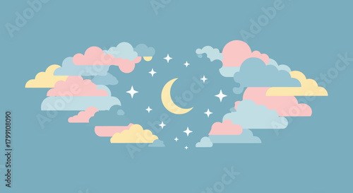 Pastel night sky with moon and stars surrounded by fluffy clouds. Dream concept.