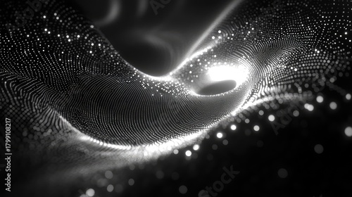 Abstract glowing particle wave flowing on black background
