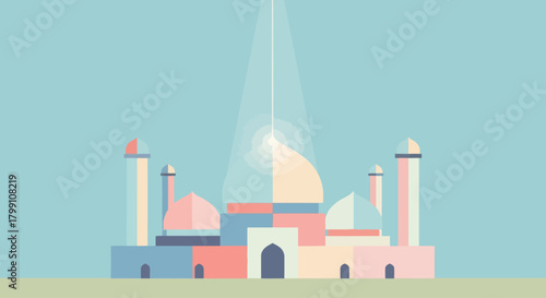 Colorful vector illustration of a mosque with minarets and a light beam. Islamic art.