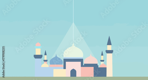 Colorful mosque design with minarets and domes against a light blue sky. Vector art.