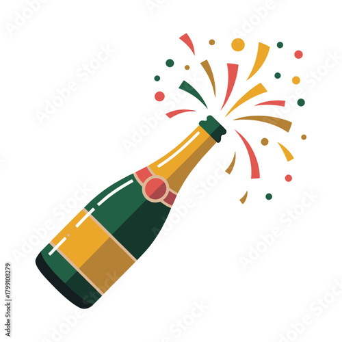 festive popping champagne bottle with colorful sparkling confetti bursting upward in celebration