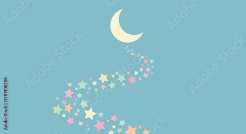 Crescent moon with pastel star trail on blue background. Dreamy night sky concept.
