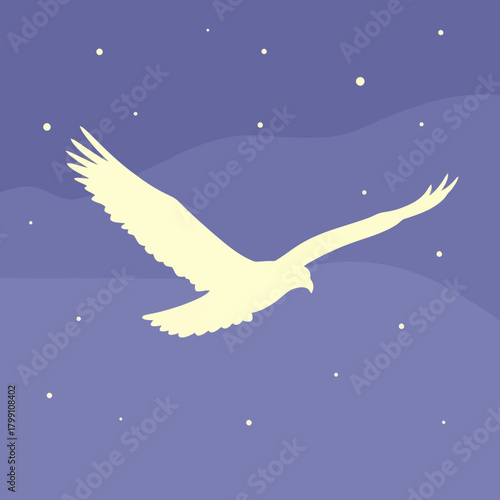 Eagle silhouette flying in the night sky with stars. Freedom and nature concept.