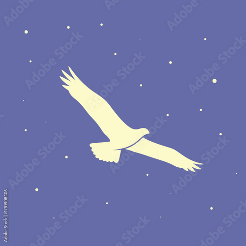 Eagle flying at night in a starry sky. Freedom and soaring concept. Vector art.