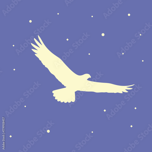 Eagle silhouette flying through the night sky with stars. Vector illustration.