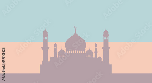 Silhouette of a mosque against a pastel sky. Concept for ramadan and eid.