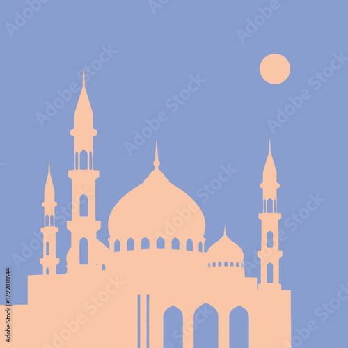 Silhouette of a mosque with minarets against a blue sky and a pale sun. Vector.