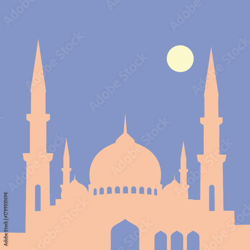 Mosque silhouette with dome and minarets against a blue sky with full moon.