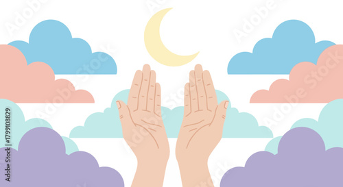 Hands reach up towards the moon, surrounded by pastel clouds. Hope and dreams concept.